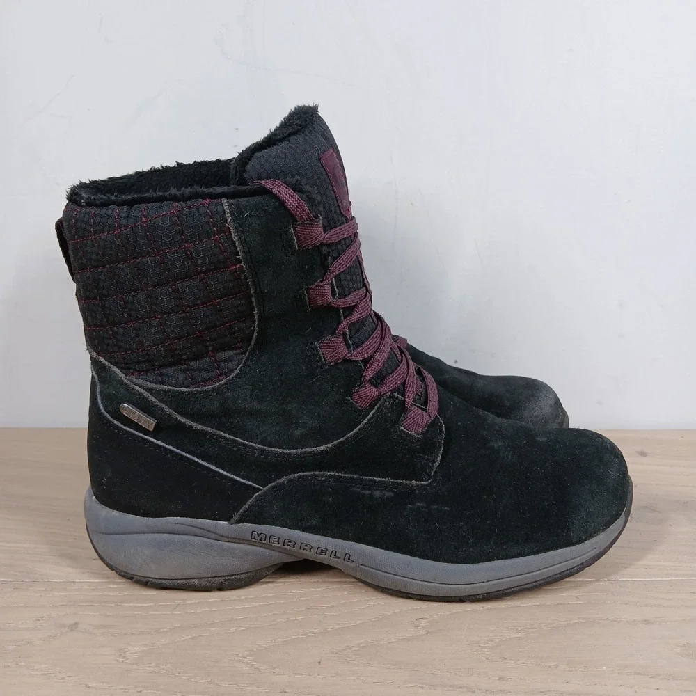 Merrell Blackcherry Boots Womens 8.5 Insulated Lace Up Black Leather Winter